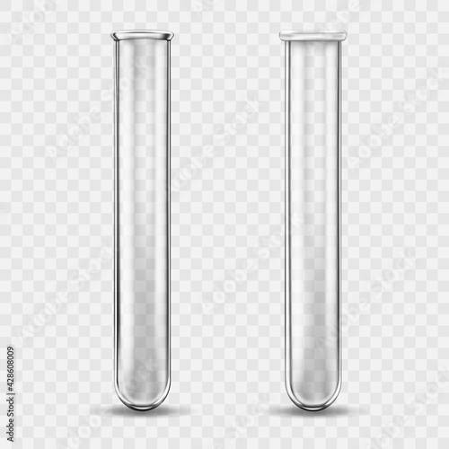 Transparent medical glass tube set, empty test tubes Illustration of scientific glassware - test tubes. Realistic 3d vector illustration on transparent background.