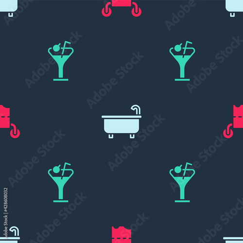 Set Toilet paper roll, Bathtub and Martini glass on seamless pattern. Vector