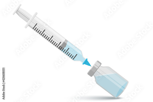 Medical syringe with a needle in a vial with a vaccine for hypodermic injection, with anti-Covid-19 serum. Injections, vaccine and disposable syringe. Sterile ampoule vials with aluminum cap.