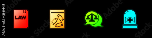 Set Law book, Evidence bag and bullet, Scales of justice and Flasher siren icon. Vector