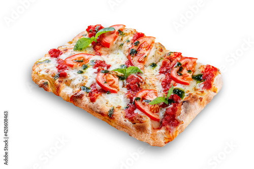 Pizza Margarita with tomato, mozzarella, pesto sauce, basil. Roman pizza rectangular on white background