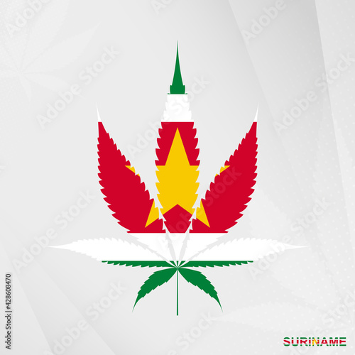 Flag of Suriname in Marijuana leaf shape. The concept of legalization Cannabis in Suriname.