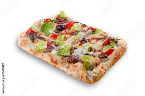 Caesar pizza with chicken, anchovies, romaine, cherry, kalamata, capers, pesto. Roman pizza rectangular on white background