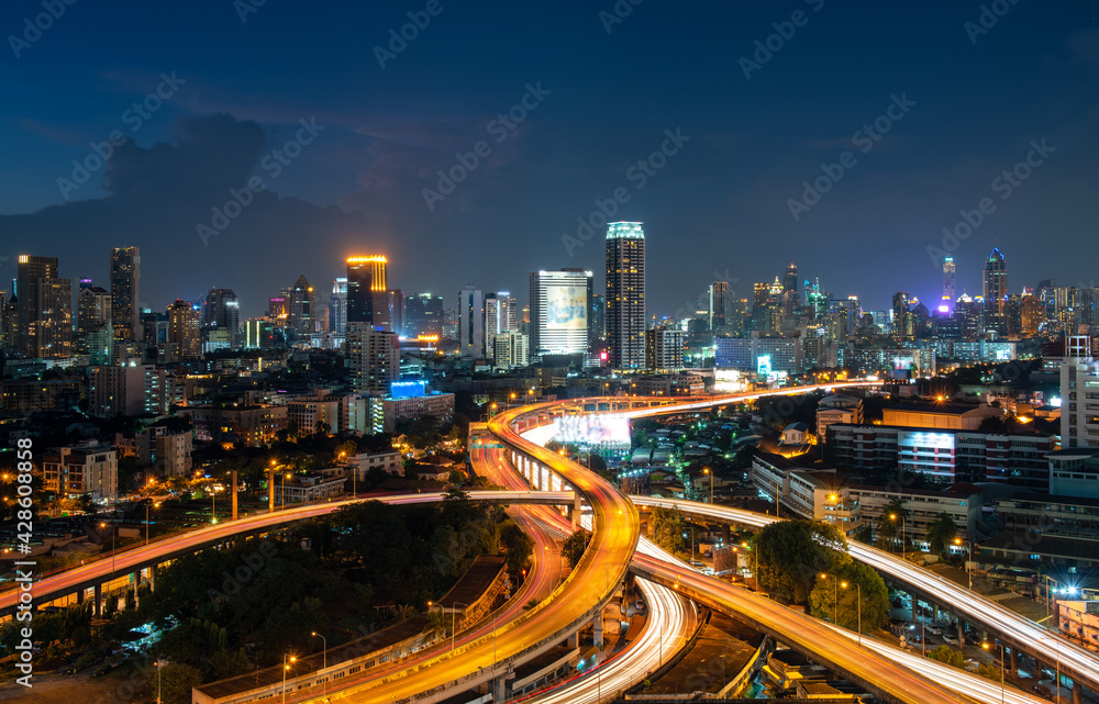 Expressway and the city of Bangkok landscape evening  top view