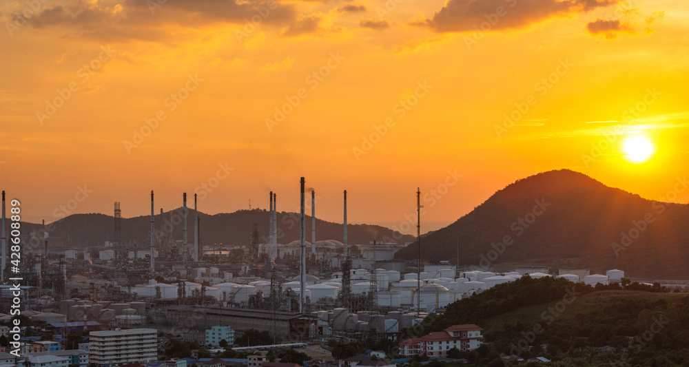Oil refinery gas and petrochemical industry sunset
