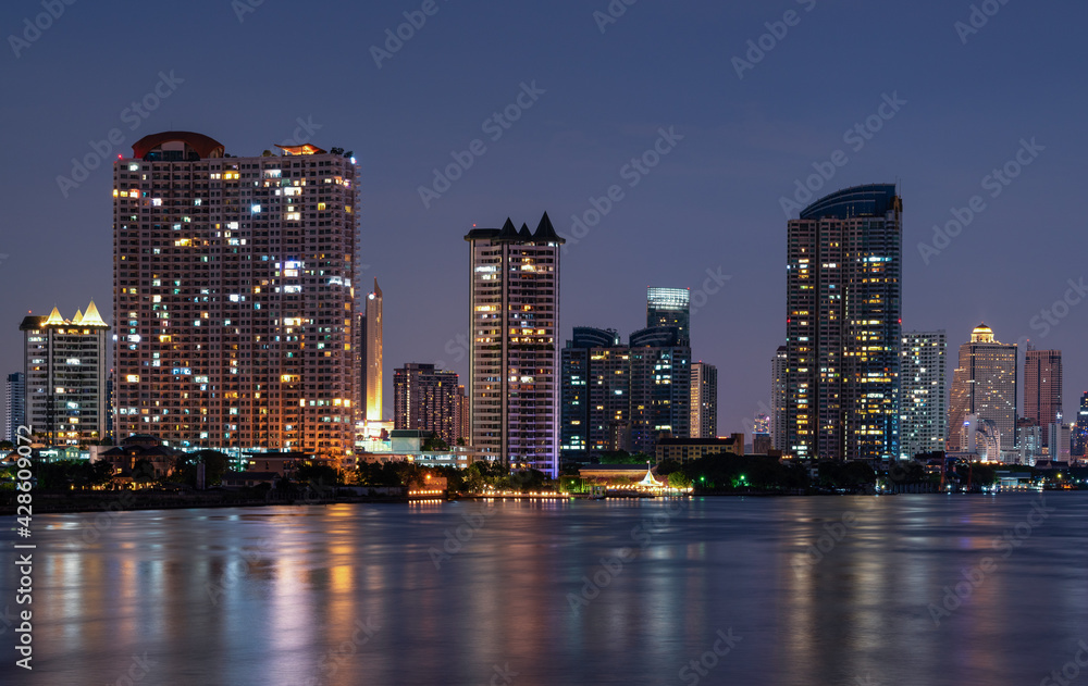 Bangkok city tourist  travel beautiful landscape view Chao Phraya River evening light