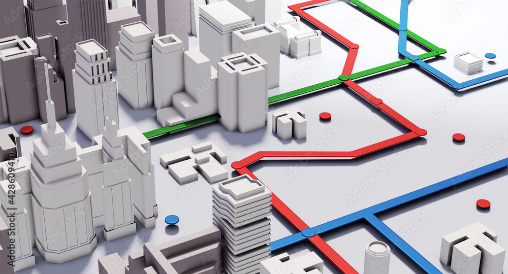 3D render of abstract modern city with skyscrapers, business centres and tube, underground lines. Connection, modern life, business and success concept