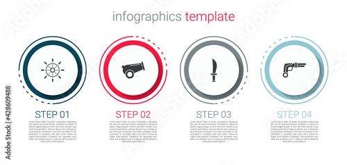 Set Ship steering wheel, Cannon, Pirate sword and Vintage pistols. Business infographic template. Vector