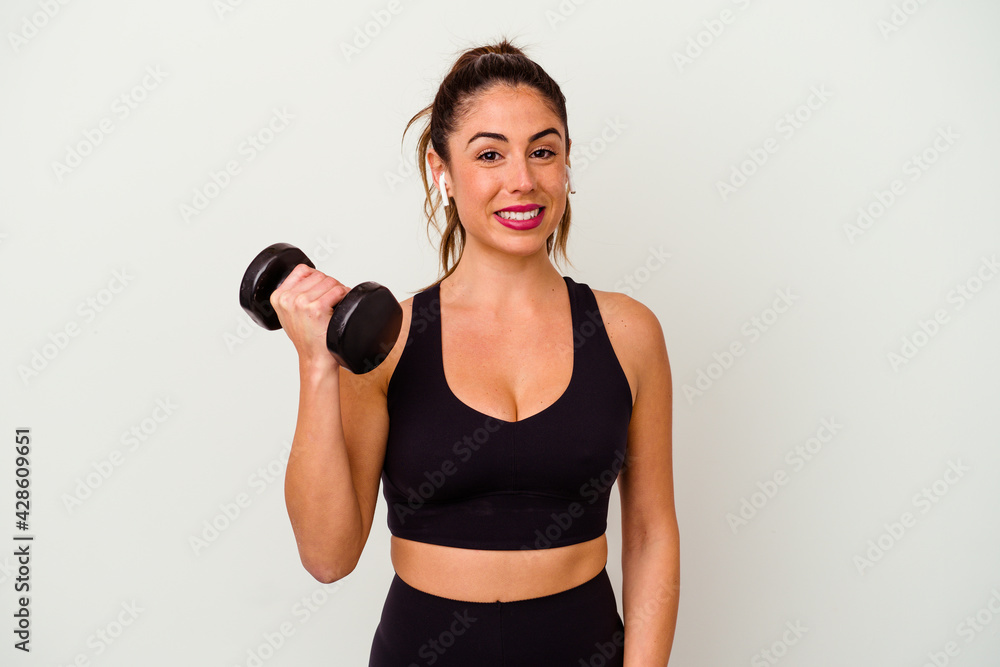 Young fitness woman with dumbbells isolated on white background Young fitness woman with dumbbells isolated on white background