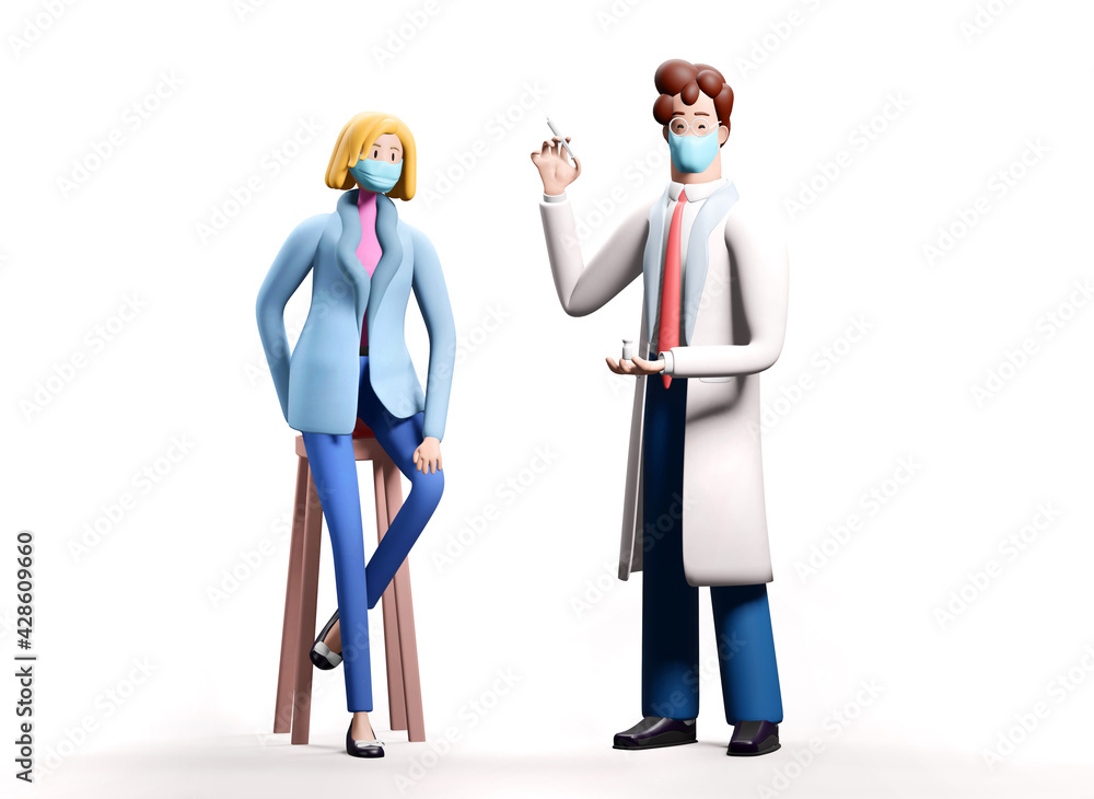 Vaccination concept. Doctor with Covid 19 vaccine and patient, who is happy to be vaccinated. 3D render illustration. Vaccination concept. Doctor with Covid 19 vaccine and patient, who is happy to be vaccinated. 3D render illustration.