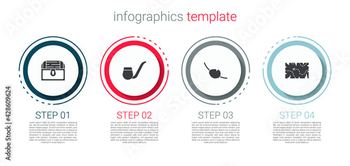 Set Antique treasure chest, Smoking pipe, Pirate eye patch and map. Business infographic template. Vector
