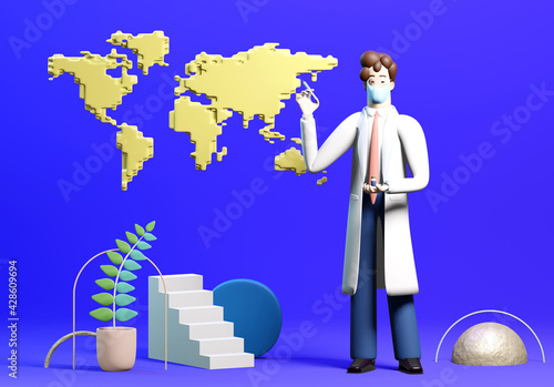 Vaccination concept. Doctor with Covid 19 vaccine and world map. Vaccine global distribution. 3D render illustration. 