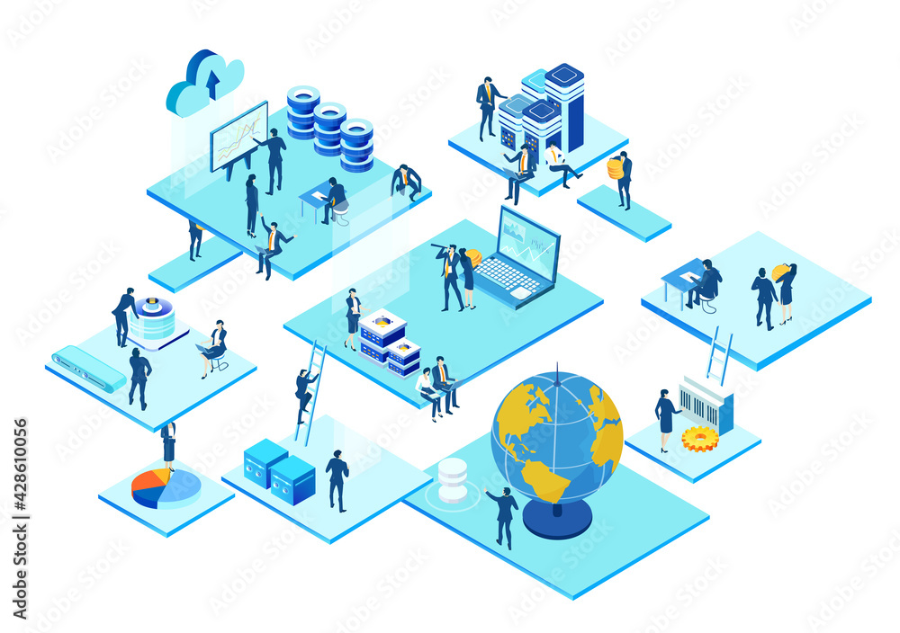 Isometric 3D business environment. Isometric server room space, business people working together, generating fresh content and new ideas. Infographic illustration Isometric 3D business environment. Isometric server room space, business people working together, generating fresh content and new ideas. Infographic illustration