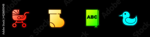 Set Baby stroller, socks clothes, ABC book and Rubber duck icon. Vector