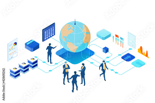 Isometric 3D business environment. Business management. Isometric office space, business people work around globe as symbol of generating fresh content and new ideas. Infographic illustration