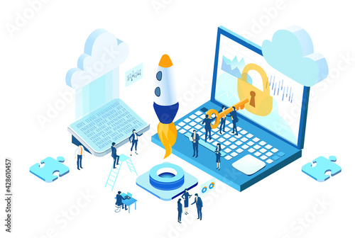 Isometric 3D business environment. Isometric server room space, business people work around rocket as symbol of generating fresh content and new ideas. Infographic illustration