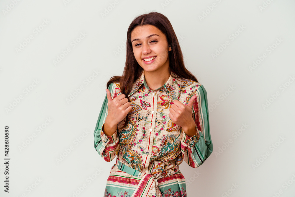 Young Indian woman isolated on white background raising both thumbs up, smiling and confident. Young Indian woman isolated on white background raising both thumbs up, smiling and confident.