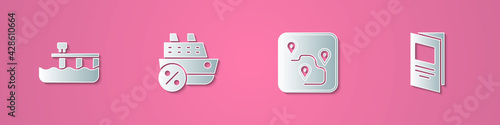 Set paper cut Beach pier dock, Cruise ship, Route location and Brochure icon. Paper art style. Vector