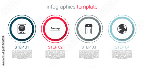 Set Attitude indicator, Plane, Metal detector airport and Worldwide. Business infographic template. Vector
