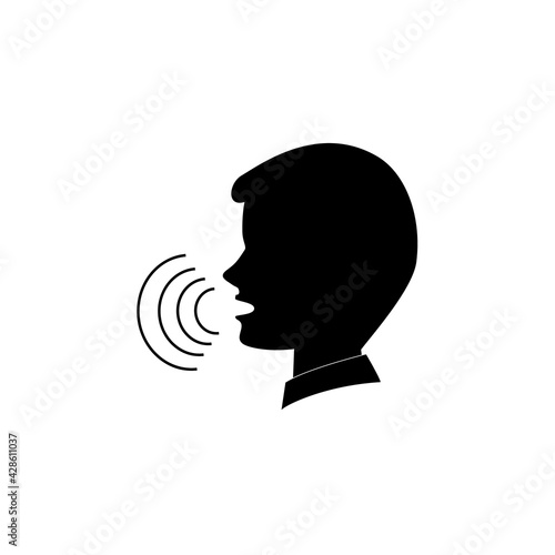 man's speech on white background. vector of male head with sound vibration, boy speaking, man talking, Flat design illustration man with sound waves, man head front view, man's sound icon