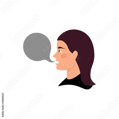 woman says bubble, woman with empty speech bubble white background.symbol, icon or vector of head with thought and speech bubble, girl speaking, woman talking with bubble