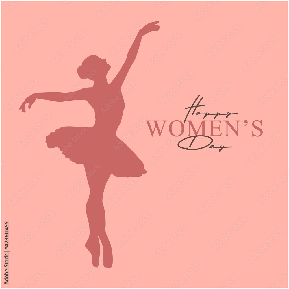 International Women`s Day background with ballerina girl vector flat Minimalistic illustration. Women's Day flat design with dancing ballerina woman silhouette vector illustration. 8 march