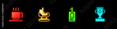 Set Hot chocolate cup, Skates, Identification badge and Award icon. Vector