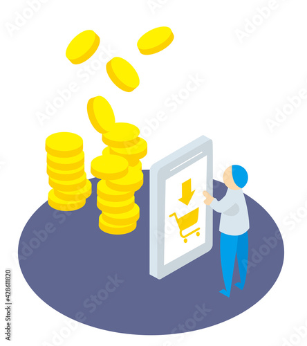 スマートフォンでお金を払うイラスト