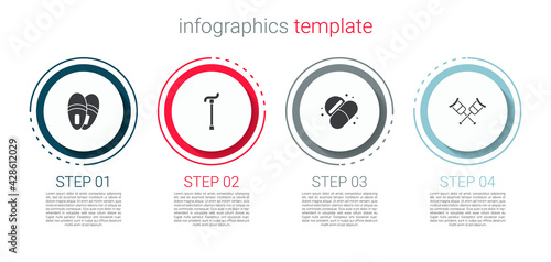 Set Slippers, Walking stick cane, Medicine pill or tablet and Crutch crutches. Business infographic template. Vector