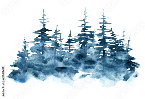 Watercolor background with blue christmas trees, hand-painted forest