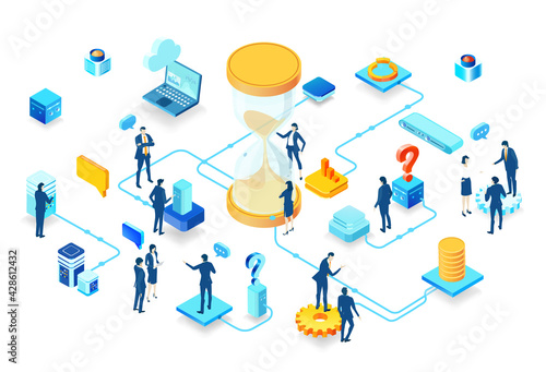 Isometric 3D business environment. Isometric office space, business people work around hour glass as symbol of generating fresh content and new ideas. Infographic illustration