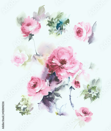 Flowers watercolor illustration.Manual composition.Big Set watercolor elements   Design for textile  wallpapers   Element for design Greeting card