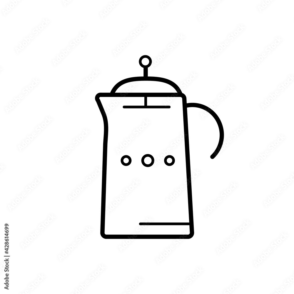 Glass teapot, French press, coffee pot for coffee, tea, hot drink. Vector illustration. A modern, trendy, minimalistic linear icon. Flat design style. Vector illustration. Isolated object Glass teapot, French press, coffee pot for coffee, tea, hot drink. Vector illustration. A modern, trendy, minimalistic linear icon. Flat design style. Vector illustration. Isolated object