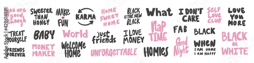 Vector hand drawn collection set of calligraphy lettering quotes and words. Pink and black color