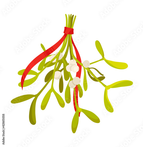 Little branch of mistletoe on white background tied upwith red lace.