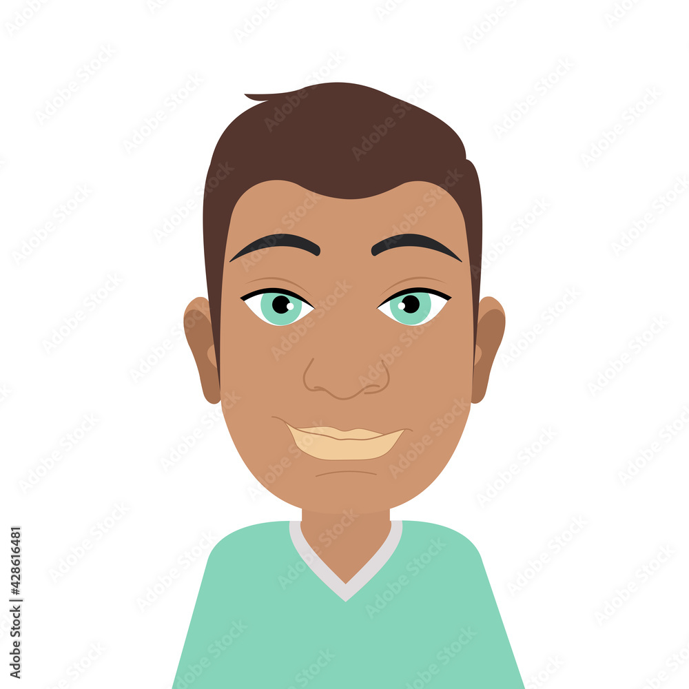 Avatar of a modern cute young guy with blue eyes. The character is isolated on a white background. Male image for printing on clothes, websites, applications. 