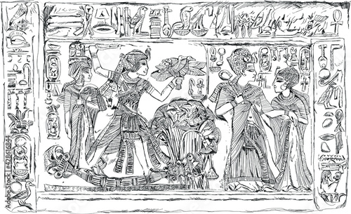 Sketch of the relief Pharaoh Tutankhamun hunting engraved  at Tutankhamun’s gold shrinesat, altar.  Tomb of Tutankhamun (c. 1370-1352 BC) Sketch collection