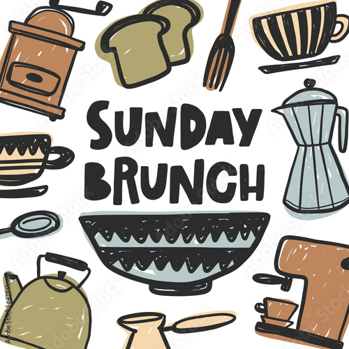 Sunday brunch hand drawn illustration with typography. Hand painted decorative ceramic bowl. Colored lettering card. Cafe, restaurant menu poster design element.