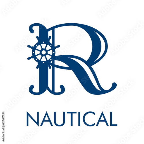 Logotipo con letra inicial R vintage con timón de barco y texto Nautical en color azul