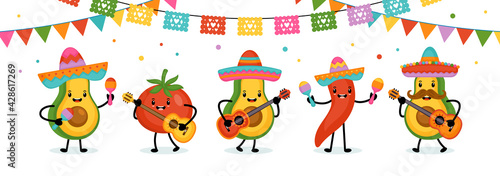 Cinco de Mayo Mexican Holiday greeting card design cute funny avocado, hot pepper and tomato characters.
