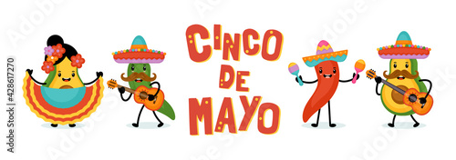 Cinco de Mayo Mexican Holiday greeting card design cute funny avocado, hot pepper and tomato characters.