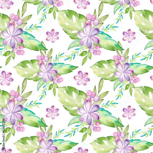 Watercolor tropical seamless pattern with flowers and leaves