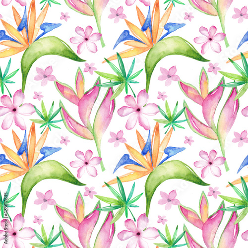 Watercolor tropical seamless pattern with flowers and leaves