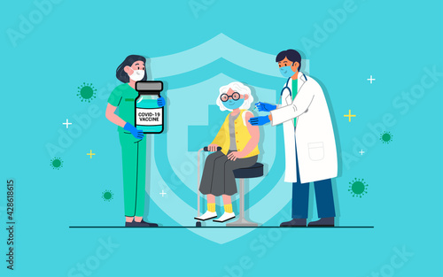COVID-19 Vaccine injection concept. A doctor injects vaccine to elderly patient vector illustration
