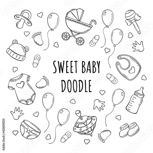 Hand drawn set of baby elements icons in doodle sketch style. Vector illustration for icon, background, frame design.