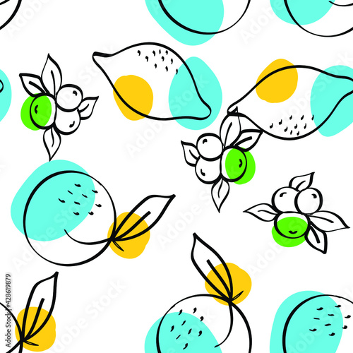 Color Apricot and Lime Vector White Seamless Pattern. Sketch Lemon Texture. Yellow and Green Orange and Berry Summer Print.