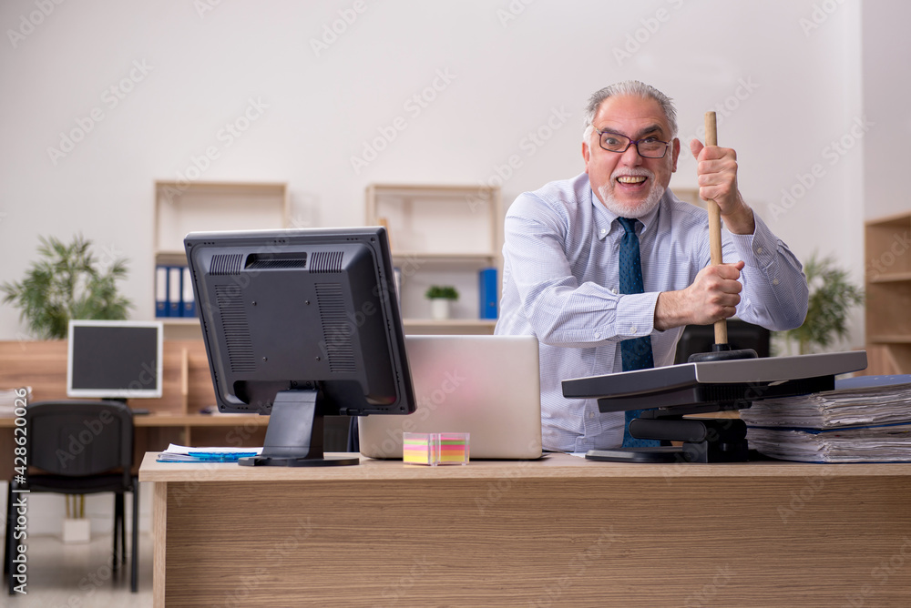 Old businessman employee holding plunger at workplace Old businessman employee holding plunger at workplace