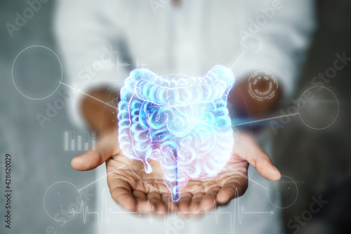 Fotografia Doctor and holographic bowel scan projection with vital signs and medical records