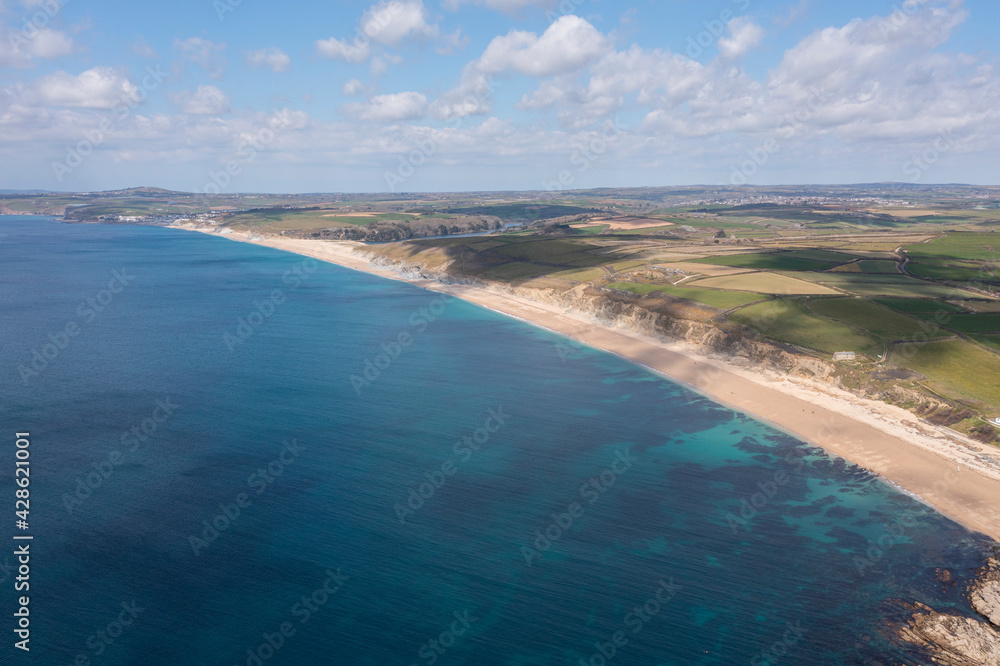 Aerial photograph of Loe Bar and Gunwalloe Beach, Cornwall, England.