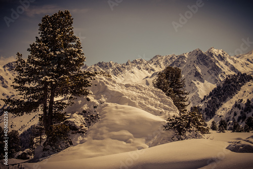 Tableau sur toile Landscape panoramic view of the ski resort of Verbier, with snowy Alps in the ba